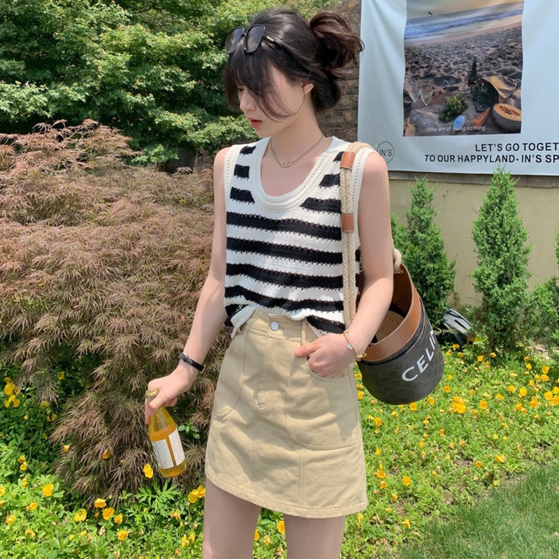 Áo kiểu IELGY sát nách dệt kim họa tiết kẻ sọc phong cách retro thời trang dành cho nữ