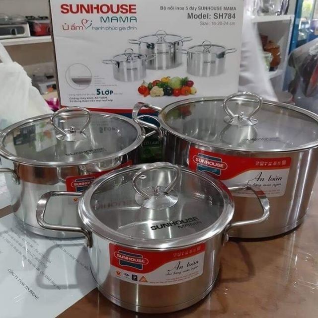 BỘ NỒI 5 ĐÁY INOX SUNHOUSE MAMA SH784 GIẢM SỐC 75K