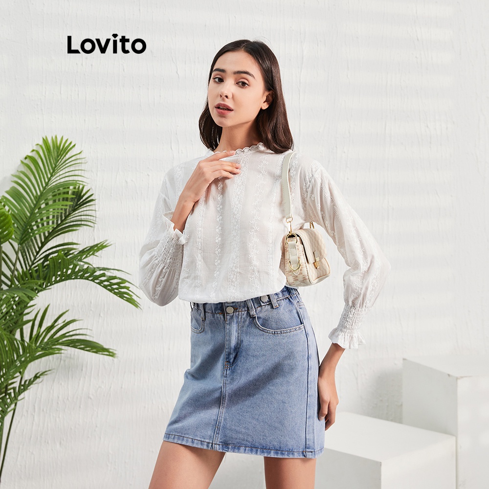 Áo kiểu Lovito bằng vải voan phối ren tương phản tay phồng đáng yêu L07156 (màu trắng) | BigBuy360 - bigbuy360.vn