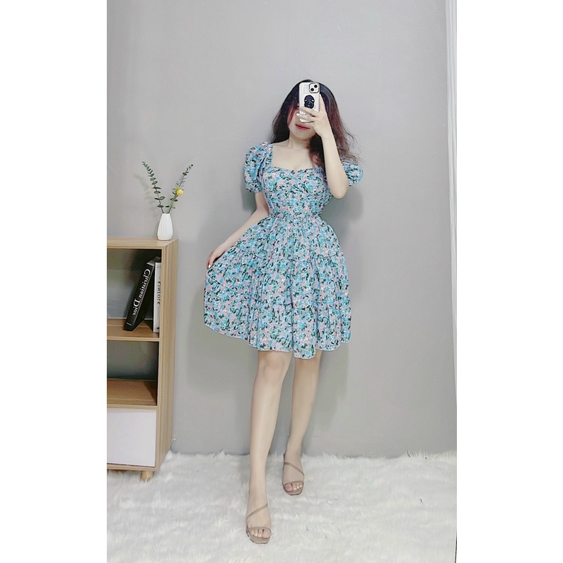 Váy suông hoa nhí tay bồng cổ vuông mút ngực siêu xinh bầu bì bon chen hình thật