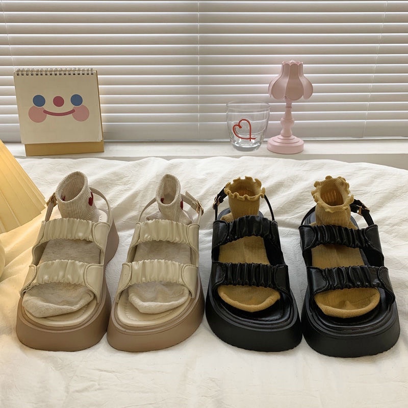 G505 | Dép Sandal Cài Khuy Bèo Nhún Đế Bánh Mì Đặc Giày Sandal Đi Học Ulzzang