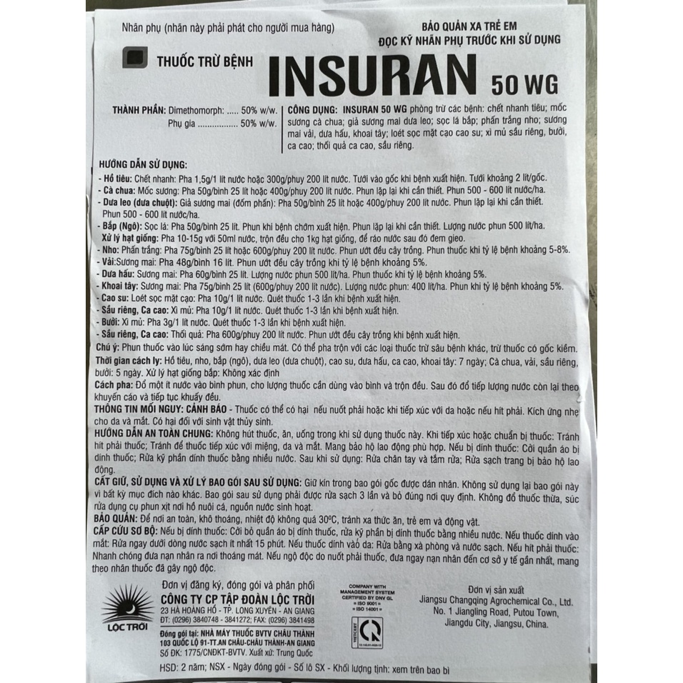 Thuốc trừ bệnh Insuran 50wg gói 100gr