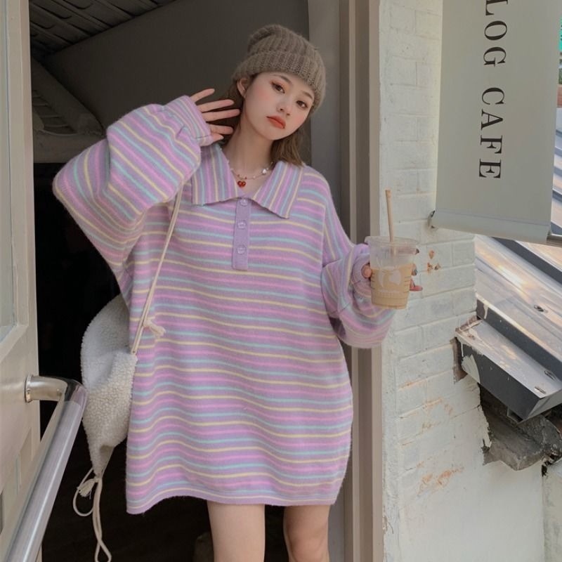 Áo Sweater dệt kim dáng rộng màu sắc trẻ trung cho nữ