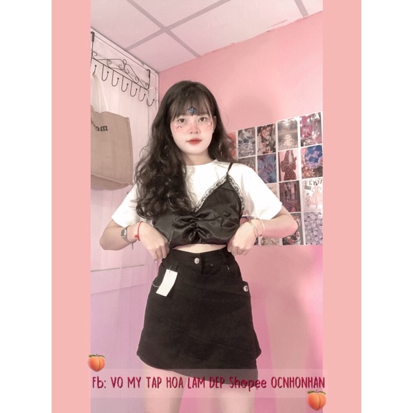 Set áo croptop lụa viền ren + áo tromg phối chân váy quần kaki đắp chéo