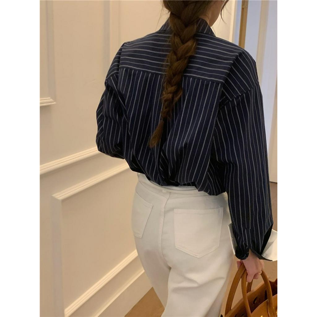 Áo Sơ Mi Kẻ Sọc Dài Tay Cài Nút Thiết Kế Không Đồng Đều Màu Sắc 6107