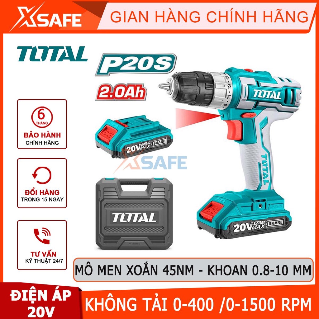 Máy khoan pin cầm tay 20V 10mm Total TDLI200215 hai tốc độ 400-1500rpm, lực mô men 45nm nhông cơ khí 2 tốc độ [Xsafe]