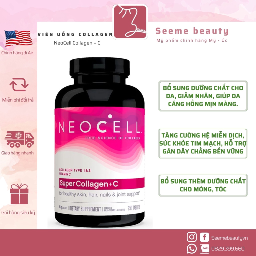 Collagen Dạng Viên Uống Neocell SUPER COLLAGEN +C 250 viên Nội Địa Mỹ SeeMe beauty