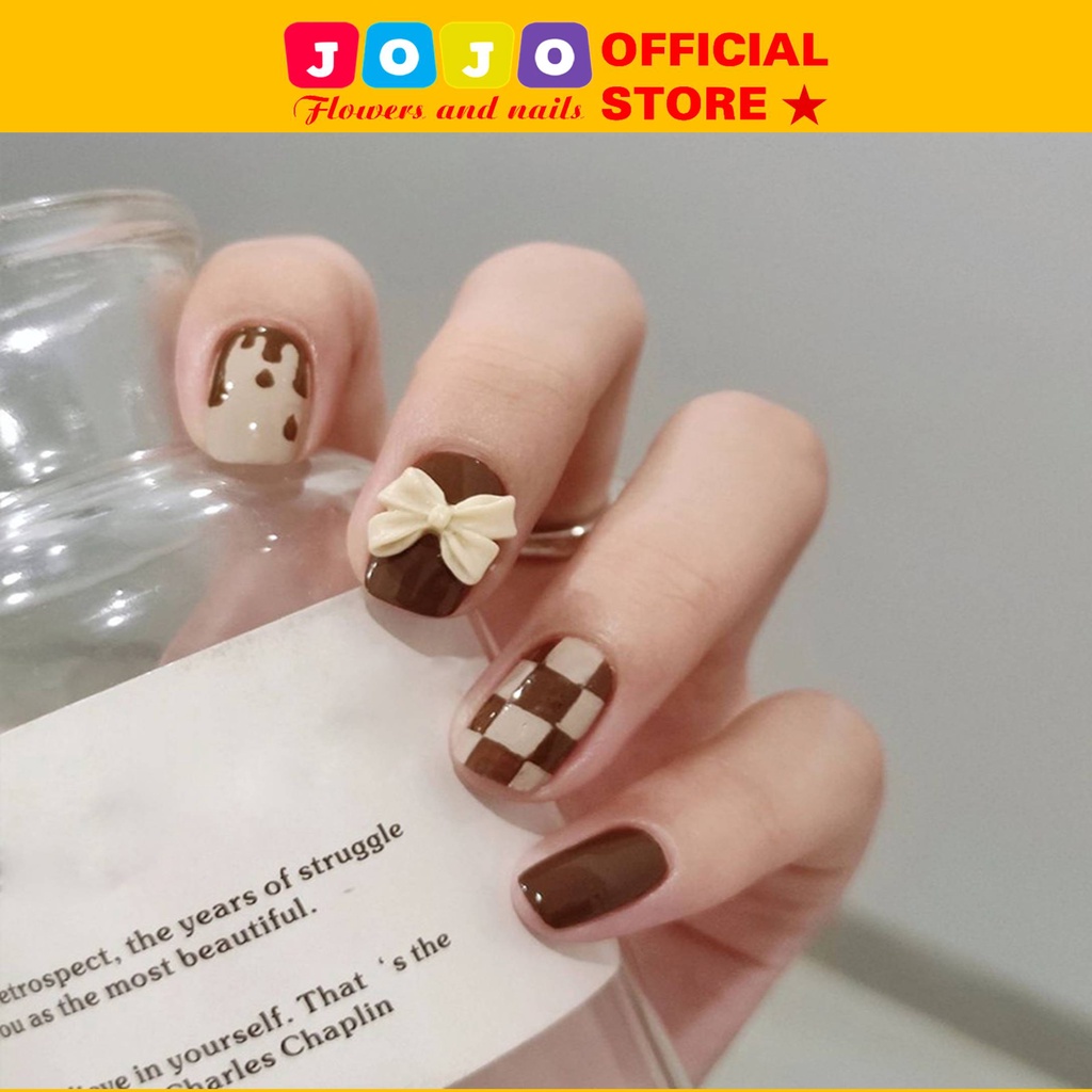 Móng giả đính đá đính nơ Z398 Jojo vuông móng tay giả đính đá đẹp kèm keo cao cấp