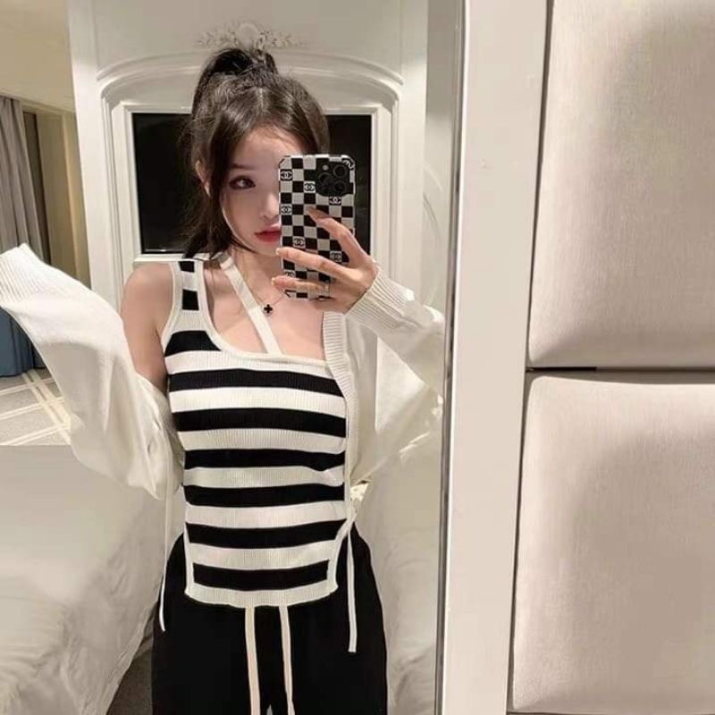 Sét áo len kẻ lệch vai mix áo khoác mỏng hàng QC