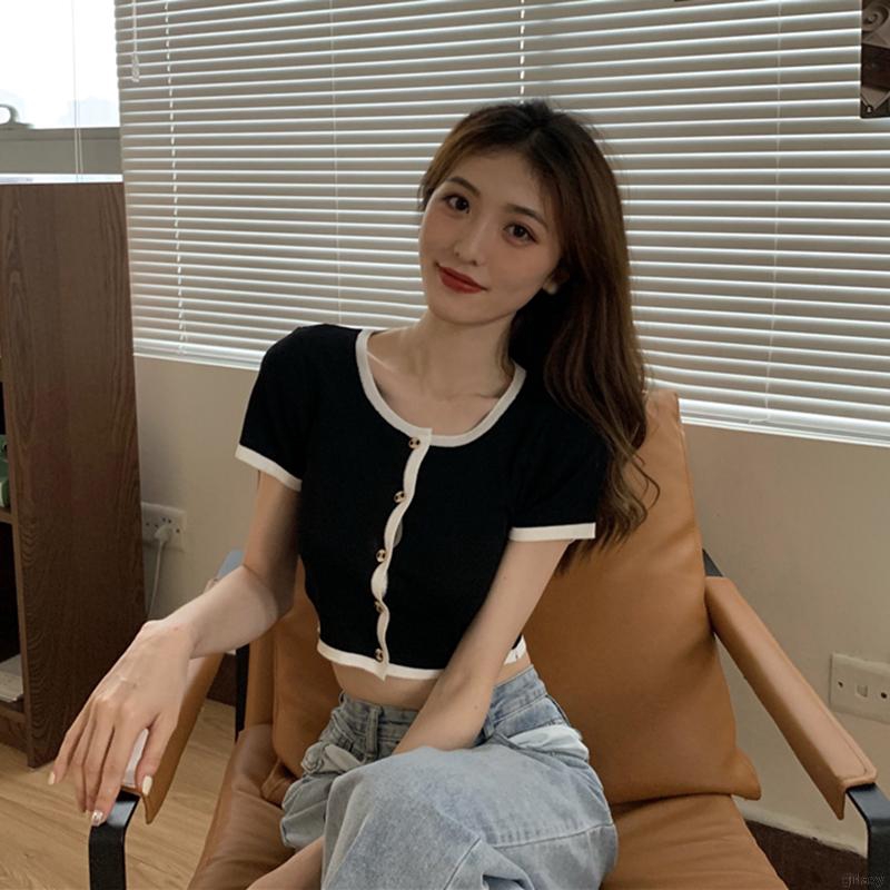 Áo kiểu dệt kim cổ tròn thời trang cho nữ