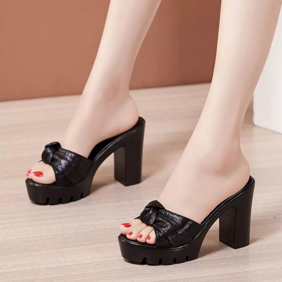 Dép Cao Gót Đế Thô Nơ Nhũ Cao Cấp 9P SIÊU ÊM