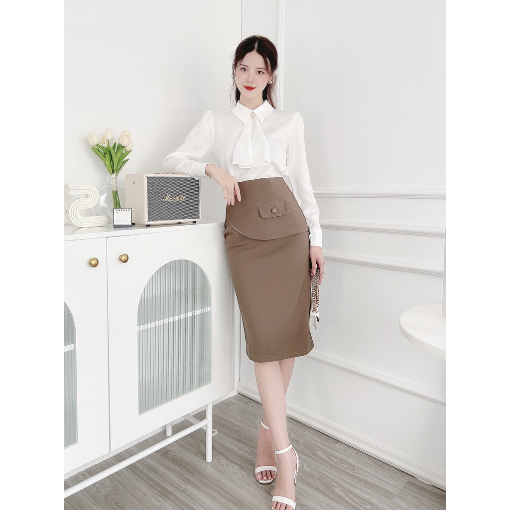 Áo sơ mi nữ lụa mềm cổ nơ 1 khuy dài tay công sở HILA