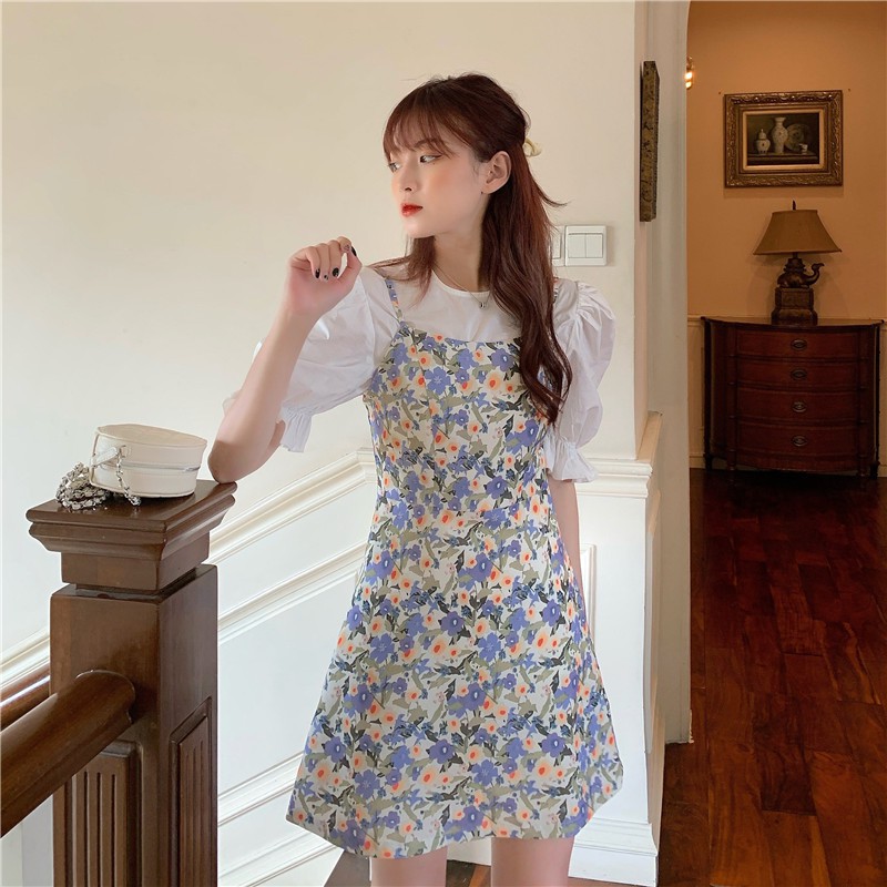 Xiaozhainv Áo tay phồng / Đầm Hoa Phong Cách Hàn Quốc Xinh Xắn Cho Nữ