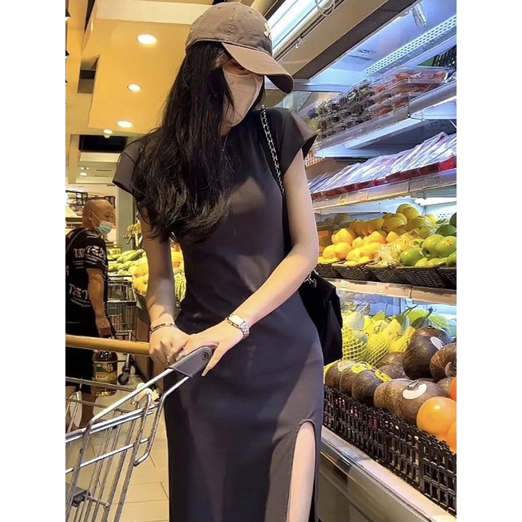 Đầm Thun Xám Dáng Ôm Dài Qua Gối Xẻ Tà Thời Trang Mùa Hè Kiểu Mới Cho Nữ