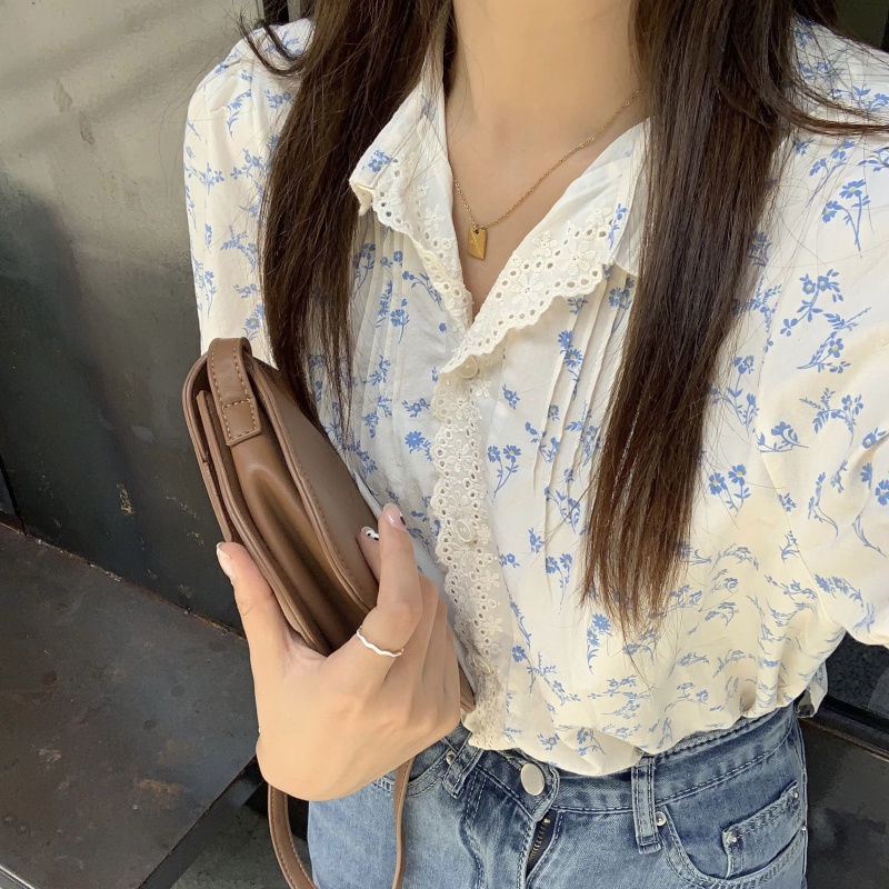 Áo nữ BH tay ngắn in hoa phối ren và cổ polo phong cách Hàn Quốc