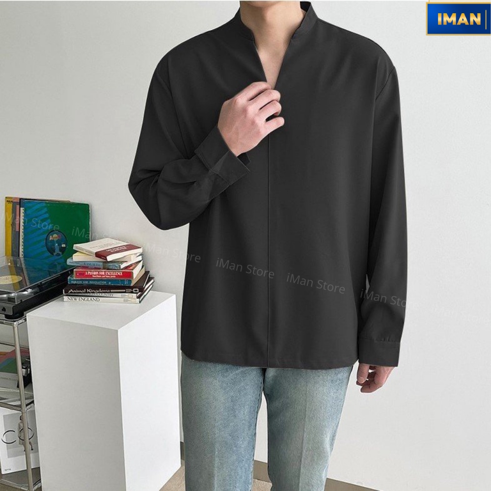 Sơ Mi Nam Cổ Tàu - Cổ Chữ V Hàn Quốc form Rộng Unisex, Áo Sơ Mi Nam Nữ Dài Tay iManlux