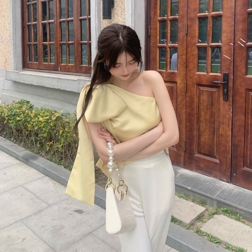 Áo kiểu nữ tiểu thư lệch vai thắt nơ Emilyshop ulzzang