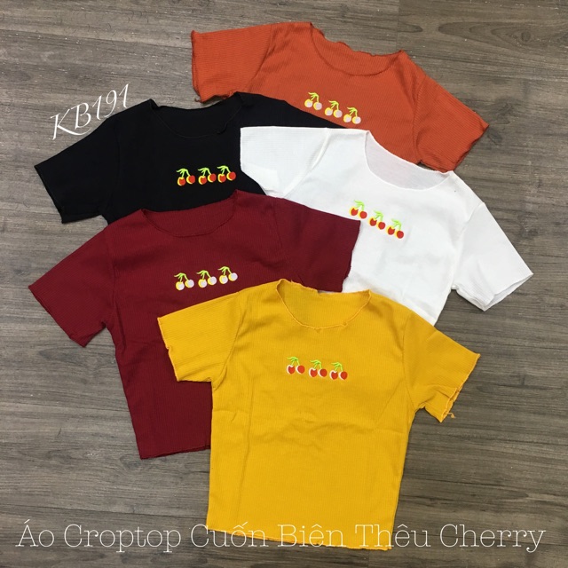 Áo Croptop Tay Ngắn Cuốn Biên Thêu Cherry