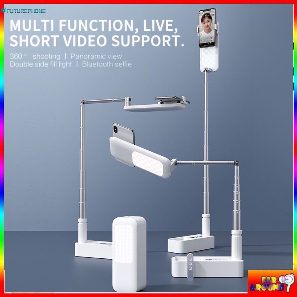 Live Video Fill Light Retractable Phone Stand Holder-Luz de preenchimento Suporte ajustável Controle remoto bluetooth Rotação de eixo duplo 360 ° Fp