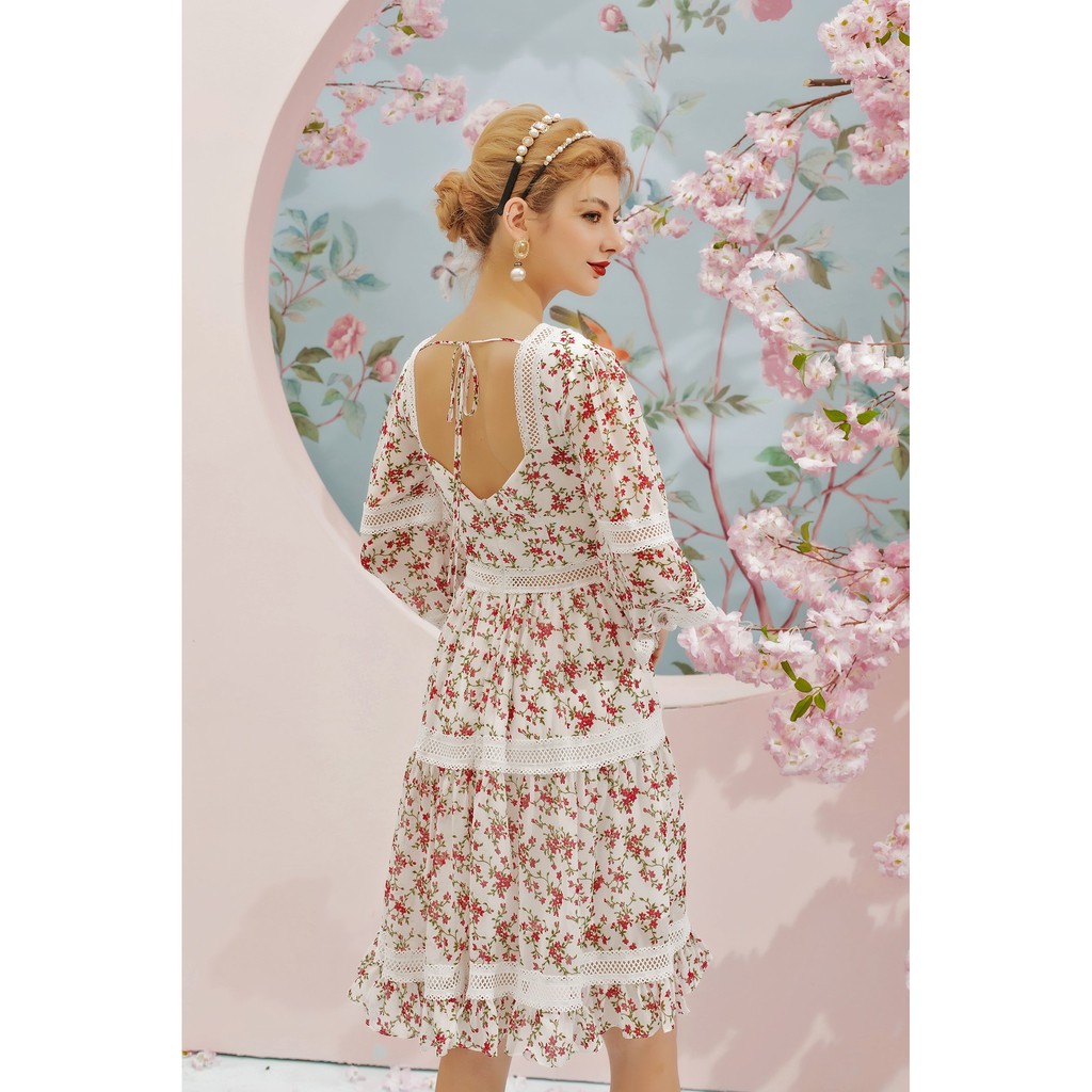 [Mã SKAMSALEP6 giảm 10% tối đa 100K đơn 150K] SÒ VINTAGE - MOZA Đầm hoa tay phồng viền ren | BigBuy360 - bigbuy360.vn