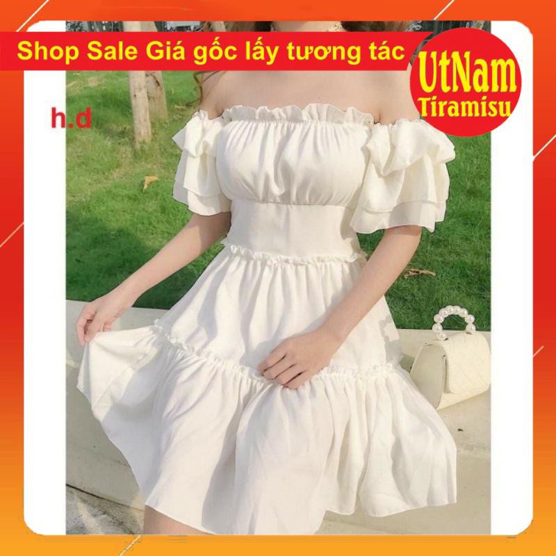 ( Sẵn) Đầm dự tiệc trễ vai tay bồng 3 tầng bèo Dáng xòe, Váy Tiểu Thư Trắng Trễ Vai or Cổ Vuông Vintage 2 màu Đen, Trắng