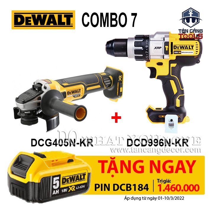 Combo Khuyến Mãi DeWalt 18V DCG405N-KR &amp; DCD996N-B1 ( Tặng Pin 18V -5Ah DEWALT DCB184 )