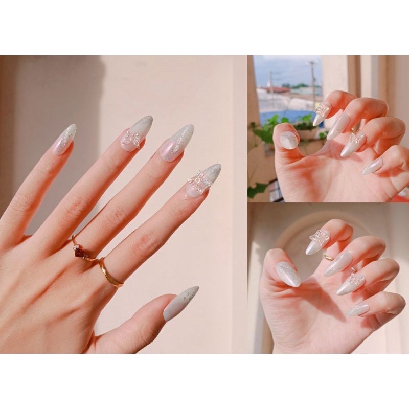 Nailbox nuna móng úp thiết kế móng tay màu nude mắt mèo ánh gương đính charm nơ gấu