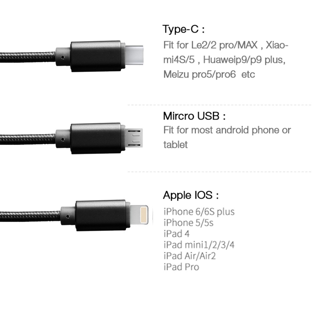 Dây Cáp Sạc 3 Trong 1 Đa Năng Cho Iphone Android Và Huawei 1.2m