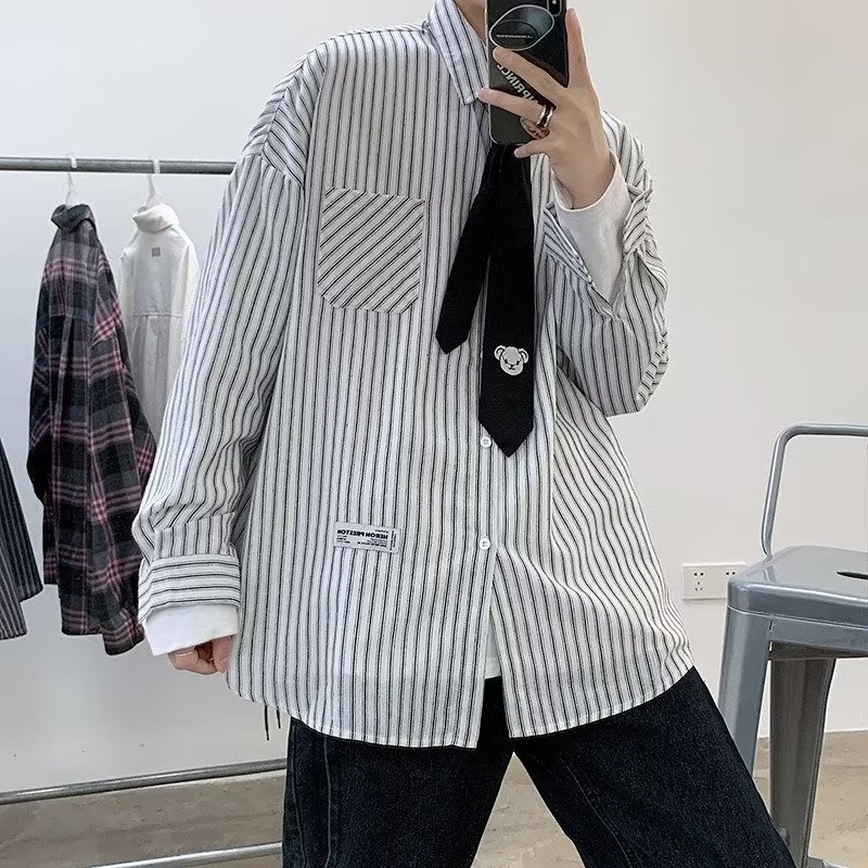 Áo Sơ Mi Kẻ Sọc Dáng Rộng Phong Cách Hong Kong Thời Trang Mùa Thu Cho Nam Size M-3xl
