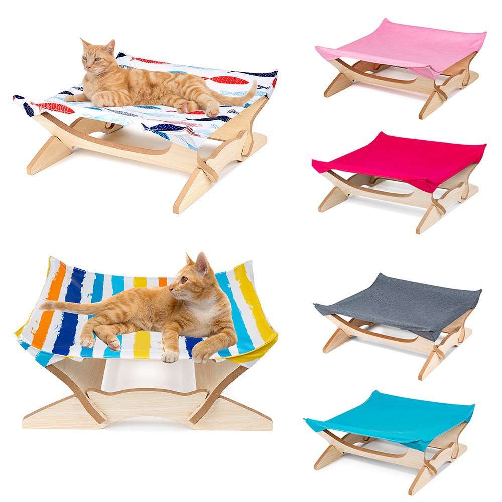 Ghế võng kiểu dáng vuông với 4 chân bằng gỗ thoáng khí cho mèo cưng có thể giặt sạch và gấp gọn tiện lợi