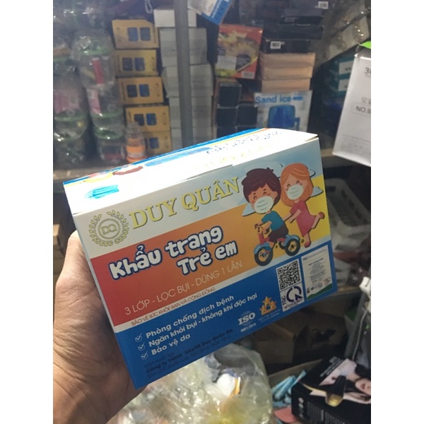 hộp 50 khẩu trang y tế Duy Quân cho trẻ em 3 lớp in hoạ tiết
