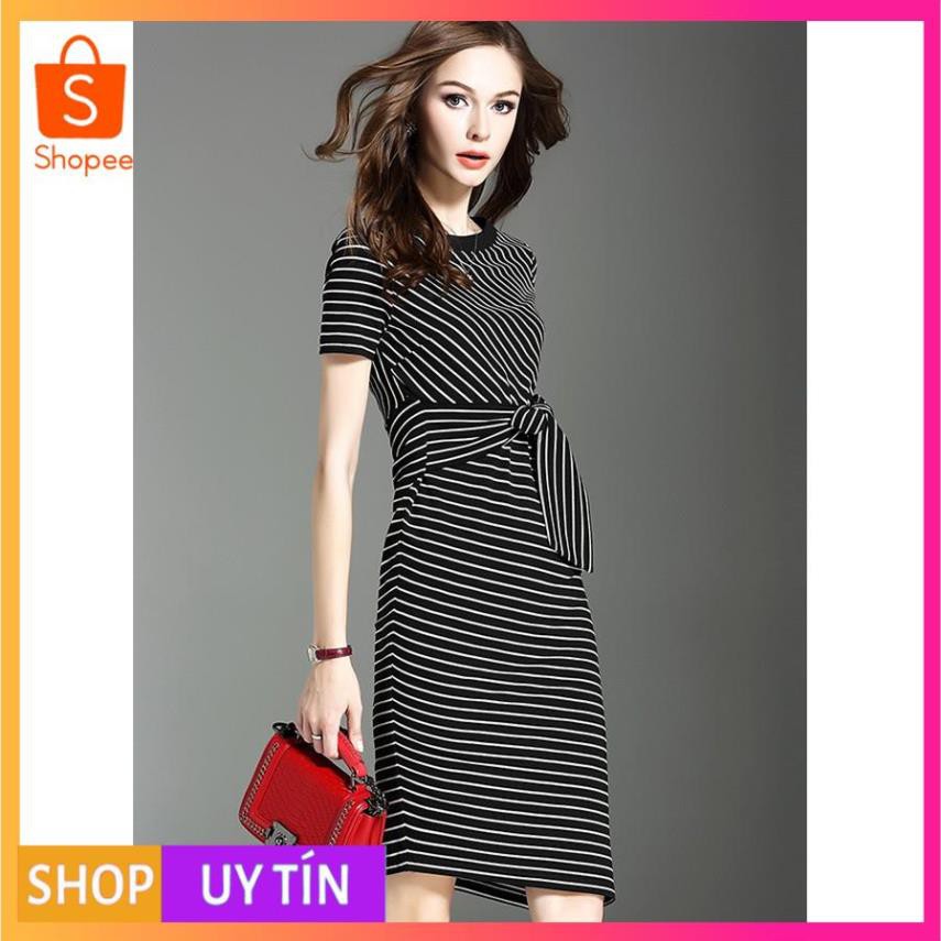 ĐẦM ÔM DỰ TIỆC, ĐẦM ÔM BODY XẺ TÀ KIỂU ĐẦM THUN SỌC PHỐI REN CỘT NƠ EO - ĐẦM CÔNG SỞ NỮ