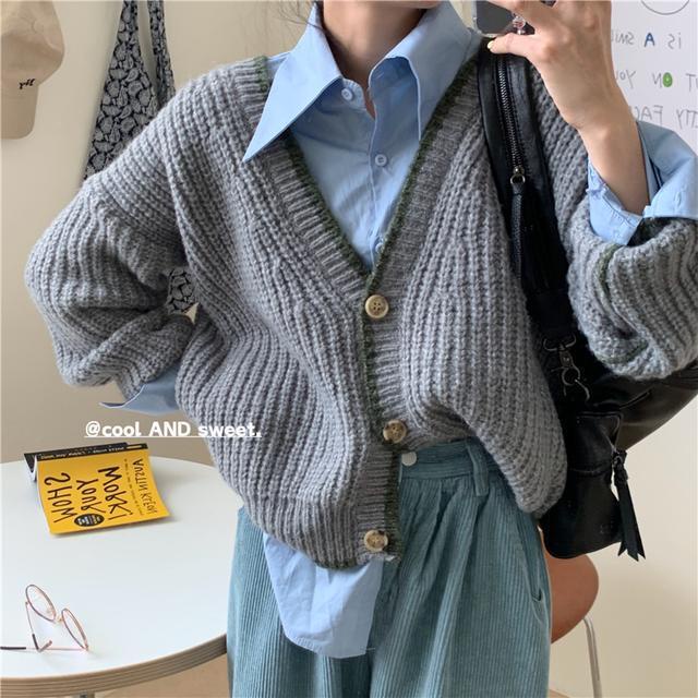Áo Khoác Cardigan Dài Tay Cổ Chữ v Form Rộng Thời Trang Nhật Bản