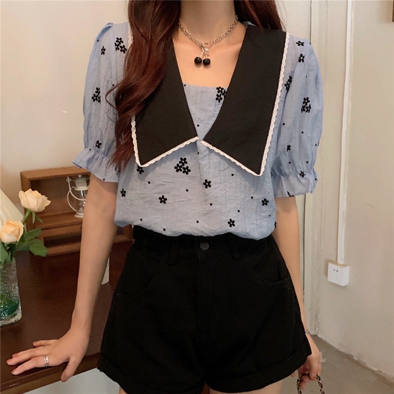 NZN Áo Kiểu Tay Phồng Ngắn In Hoa Kiểu Retro Pháp Dễ Thương Cho Nữ