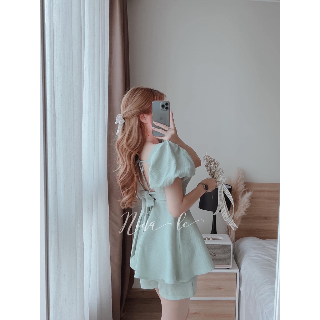 Set áo babydoll hở lưng buộc nơ + quần ngắn