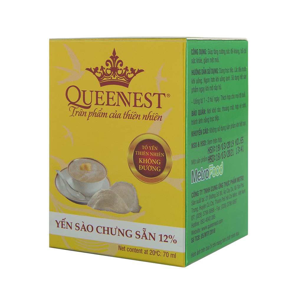 Yến sào chưng sẵn QUEENNEST 12% Không đường (Hũ 70ml)