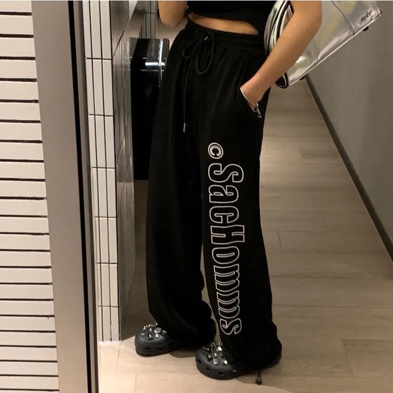 Quần thể thao cho nữ lưng cao ống rộng màu đen phong cách đường phố cổ điển