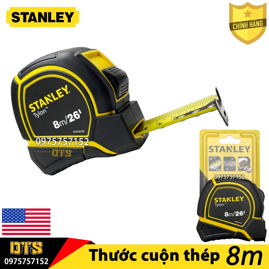 Thước cuộn thép 8m TYLON hãng STANLEY Mỹ, thước kéo nền vàng lưỡi phủ NYLON rõ nét, vỏ bọc nhựa ABS chống va đập, bền bỉ