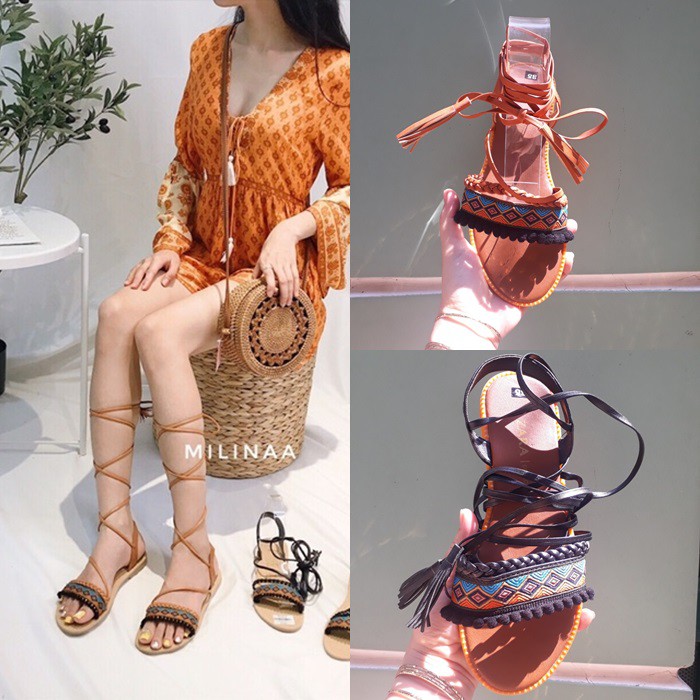 Giày sandal thổ cẩm cột dây quai thắt bím phong cách vintage hình thật
