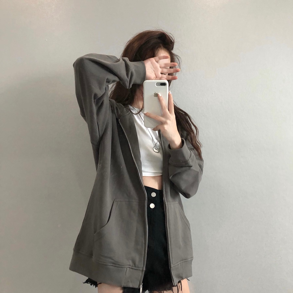 Áo Khoác Sweater Có Mũ Trùm Dáng Rộng Dây kéo Kiểu Hàn Quốc Thời Trang  Cho Nữ
