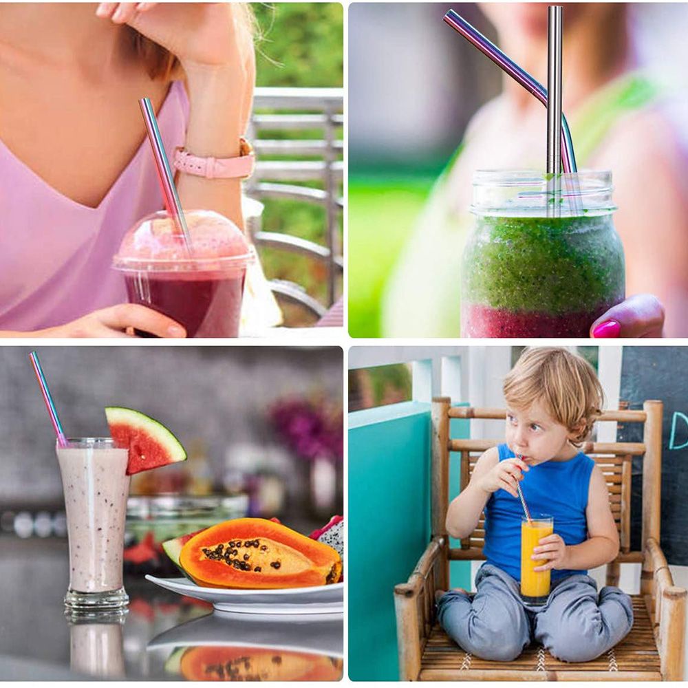 Set 4/6/8 Ống Hút Bằng Thép Không Gỉ Có Thể Tái Sử Dụng Kèm Cọ Vệ Sinh