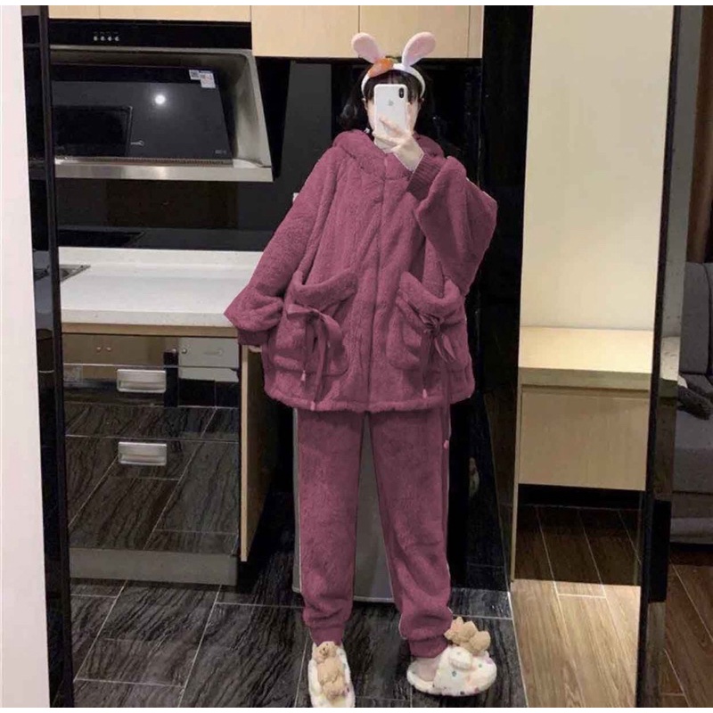Bộ ngủ nữ lông Nơ Túi Tai Gấuchất lông mịn, ấm áp, giữ nhiệt tốtbộ thu đông mặc nhà☘️Hàng loại 1☘️2 lớpUnisex &lt;50kg