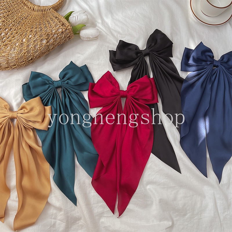 Kẹp Tóc Nơ Dài Màu Trơn Bằng Satin Xinh Xắn Dành Cho Nữ