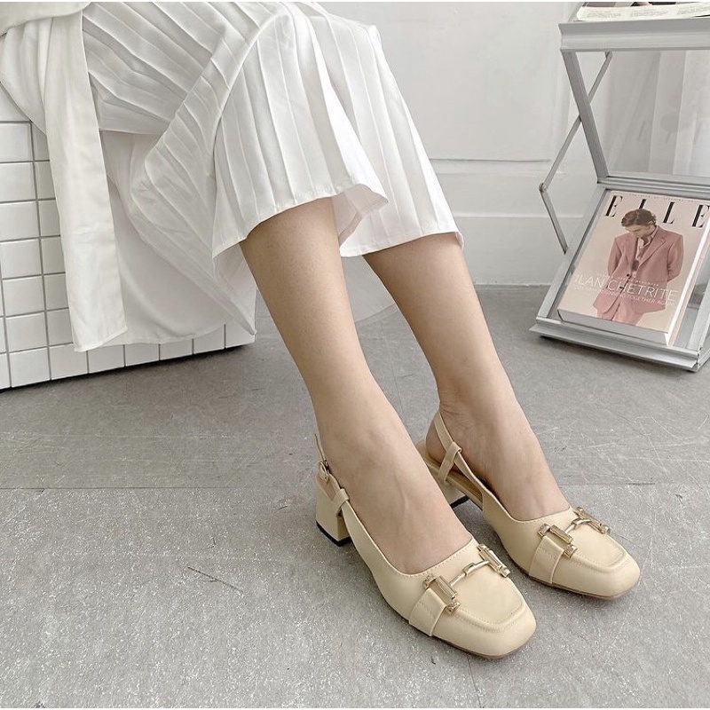 Giày cao gót khuyết gót DeChic bít mũi gót vuông dáng slingback hở eo thời trang tinh tế thanh lịch