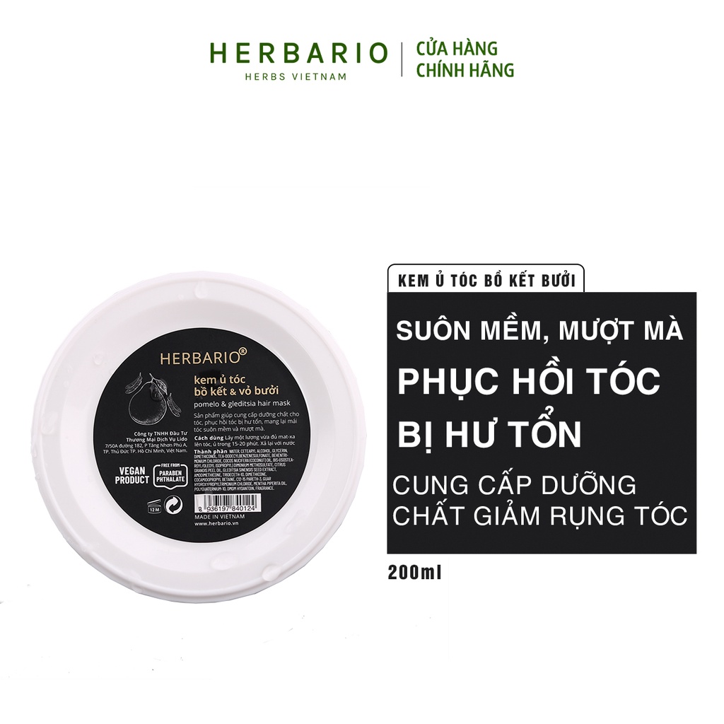 Kem ủ tóc bồ kết &amp; vỏ bưởi herbario 200ml giúp tóc óng ả, mềm mại