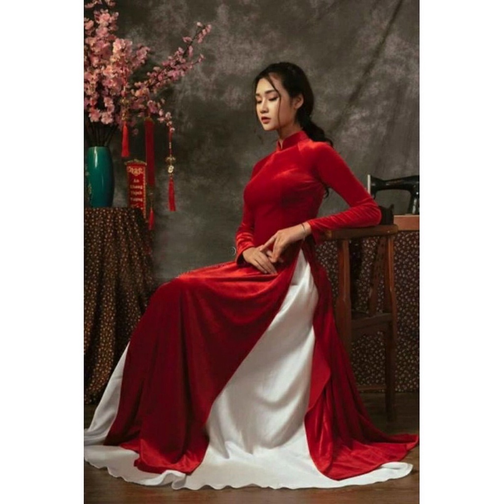Áo dài Nhung Đỏ may sẵn đủ size. Chất liệu Nhung lì cao cấp, mềm mướt, co giãn.