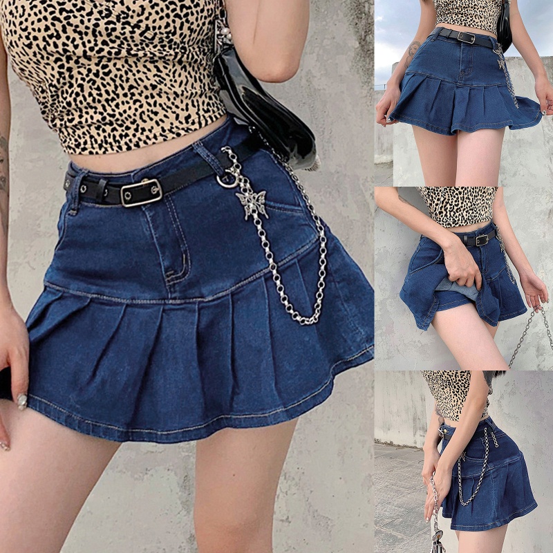 Chân váy jean Xếp Ly Lưng Cao Màu Trơn Phong Cách Harajuku Lolita Gợi Cảm Cho Nữ