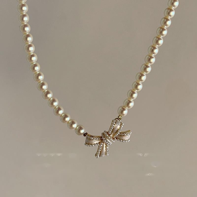 Vòng Cổ Hình Nơ Đính Ngọc Trai Đơn Giản Phong Cách Harajuku Thời Trang