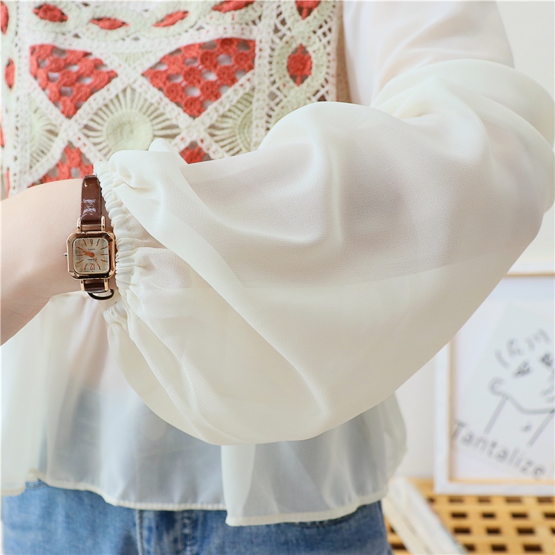 SUXI Áo Voan Tay Dài Cổ Vuông Phối Ren Xinh Xắn Thời Trang Cho Nữ