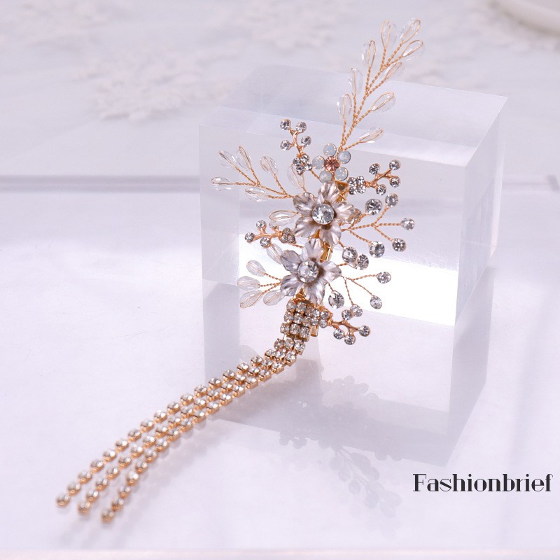 Trâm cài tóc tua rua đính đá pha lê phong cách Hàn Quốc cho cô dâu